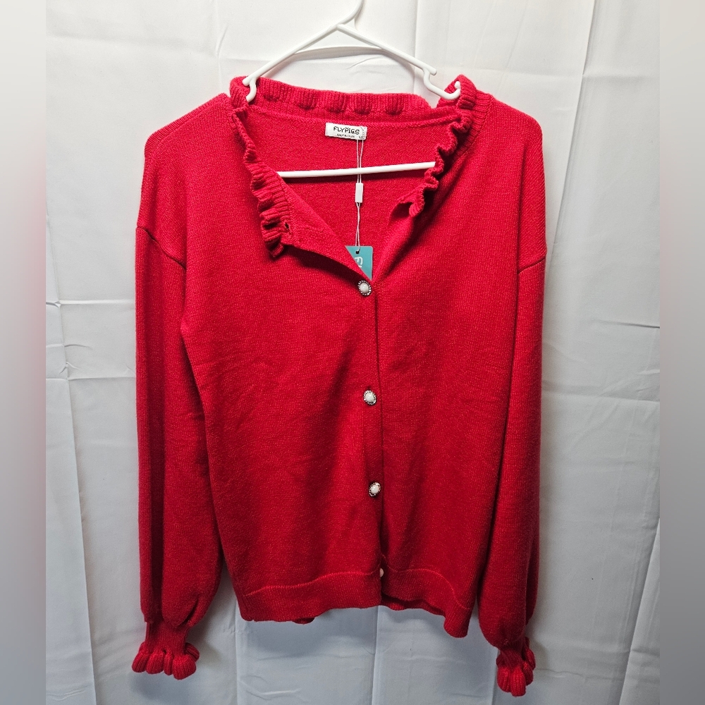 FlyPigs Vibrant Red Ruffle Cardigan Sz M, NWT